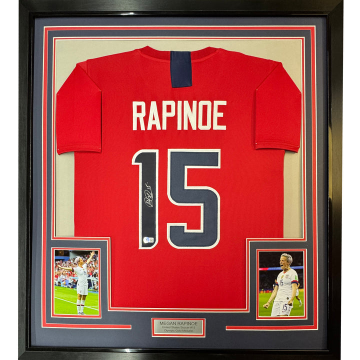 Framed Autographed/Signed Megan Rapinoe 33x42 Red Soccer Team USA Jersey JSA COA