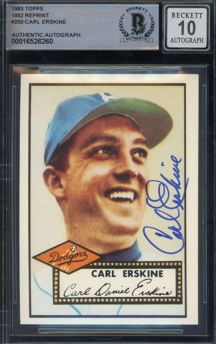 Carl Erskine Gem Mint 10 Beckett BAS Signed 1952 Topps 1983 Reprint Autograph