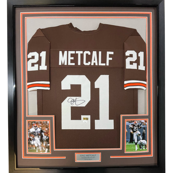 Framed Autographed/Signed Eric Metcalf 35x39 Cleveland Brown Jersey JSA COA