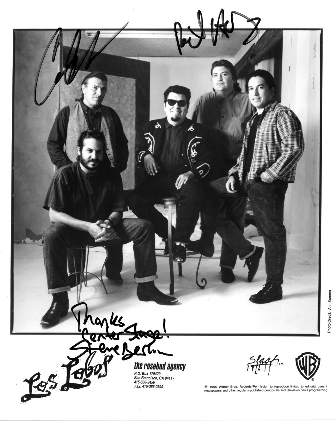 LOS LOBOS Band signed 1990 3 sig Photo Steve Berlin, D. Hidalgo, C Lozano – BAS