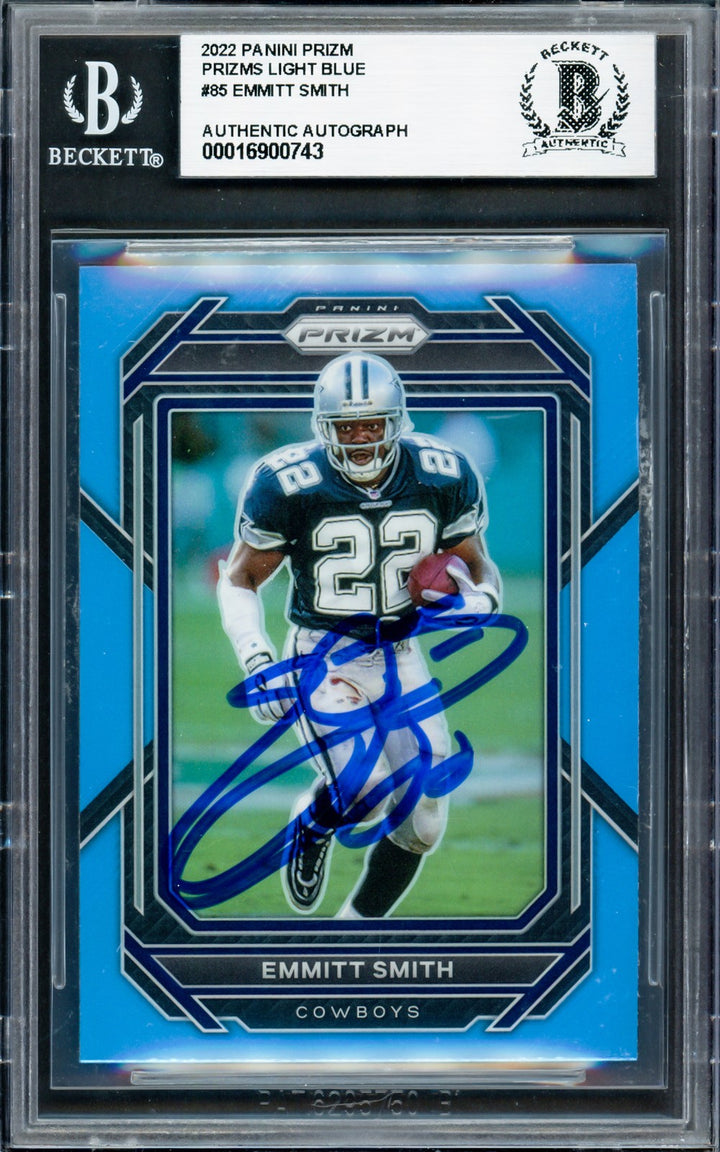 Emmitt Smith Signed 2022 Panini Prizm Prizms Light Blue Card 85 Cowboys Beckett