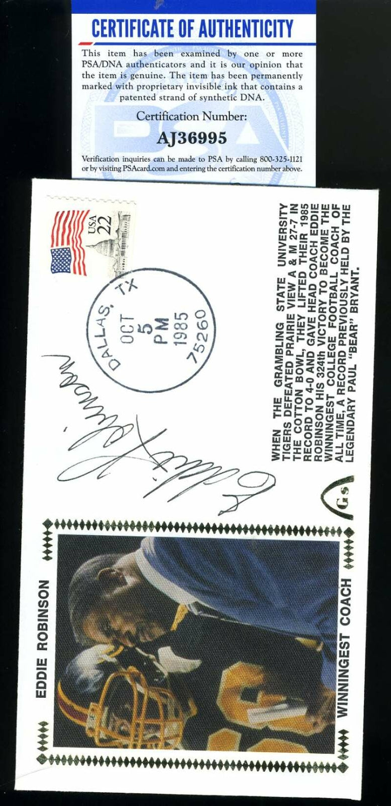 Eddie Robinson PSA DNA Coa Signed 1985 Grambling FDC Cache Autograph