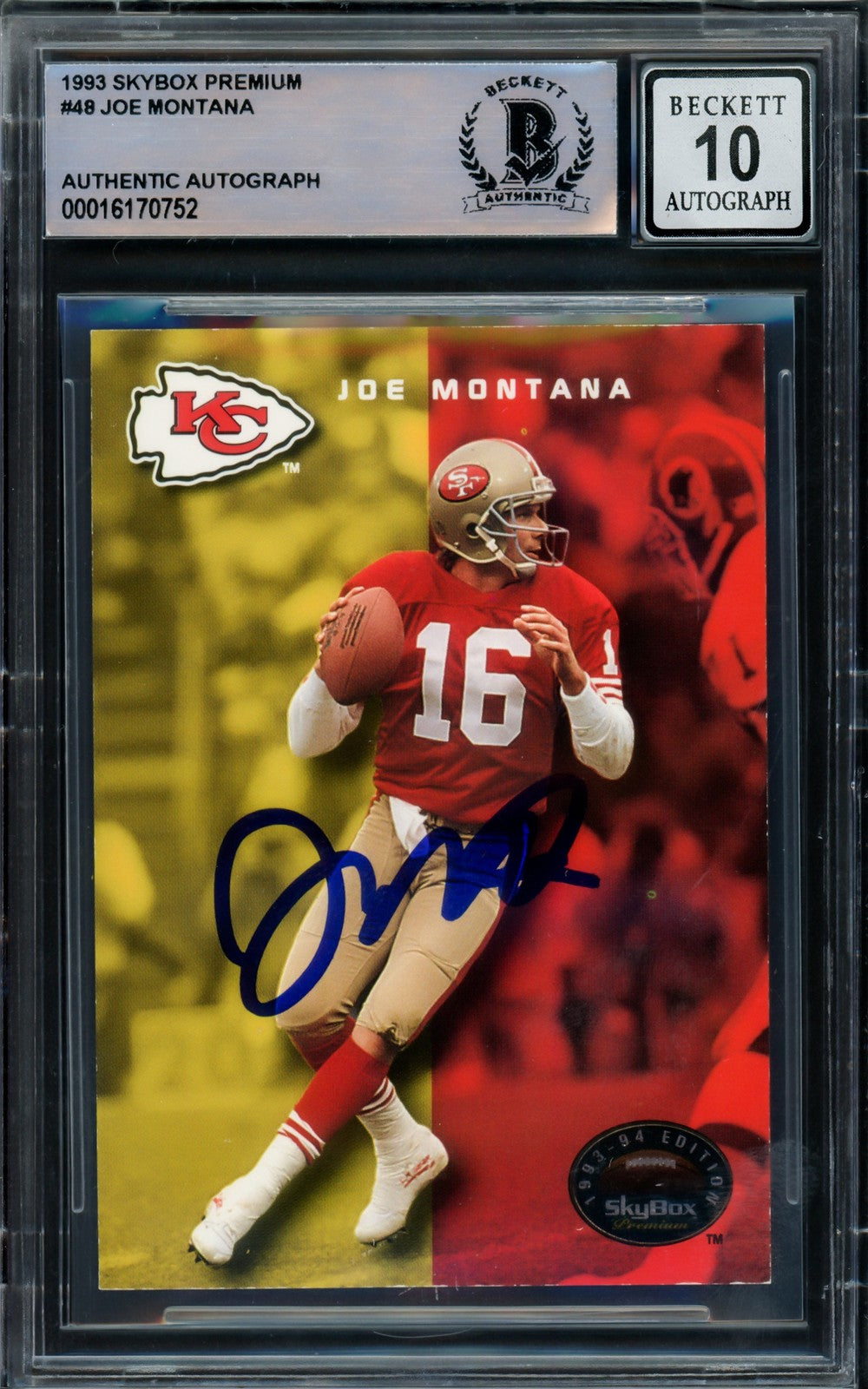 Joe Montana Signed 1993 Skybox Premium Card 48 49ers Auto GM 10 Beckett