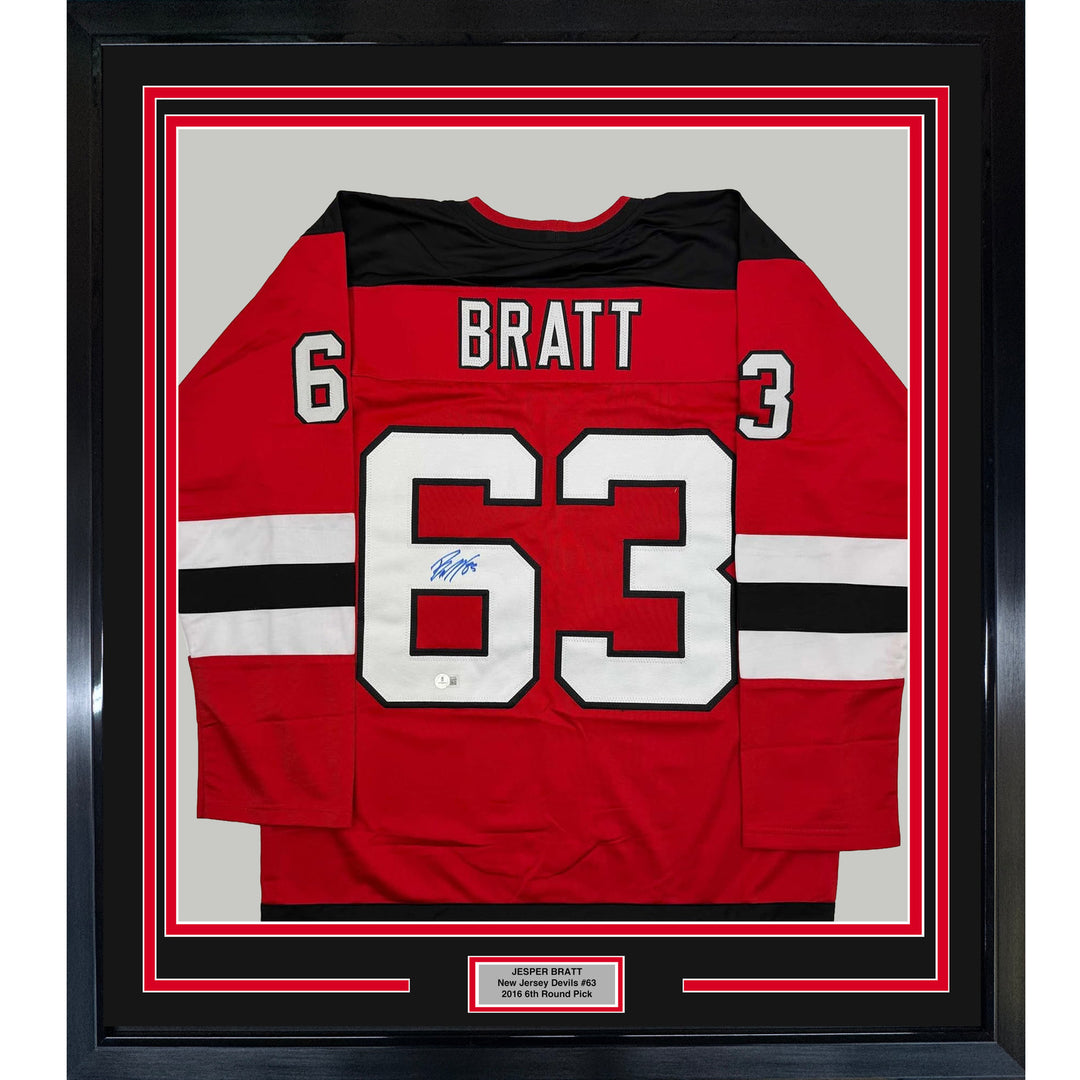 Framed Autographed/Signed Jesper Bratt 35x39 Red Hockey Jersey Beckett BAS COA