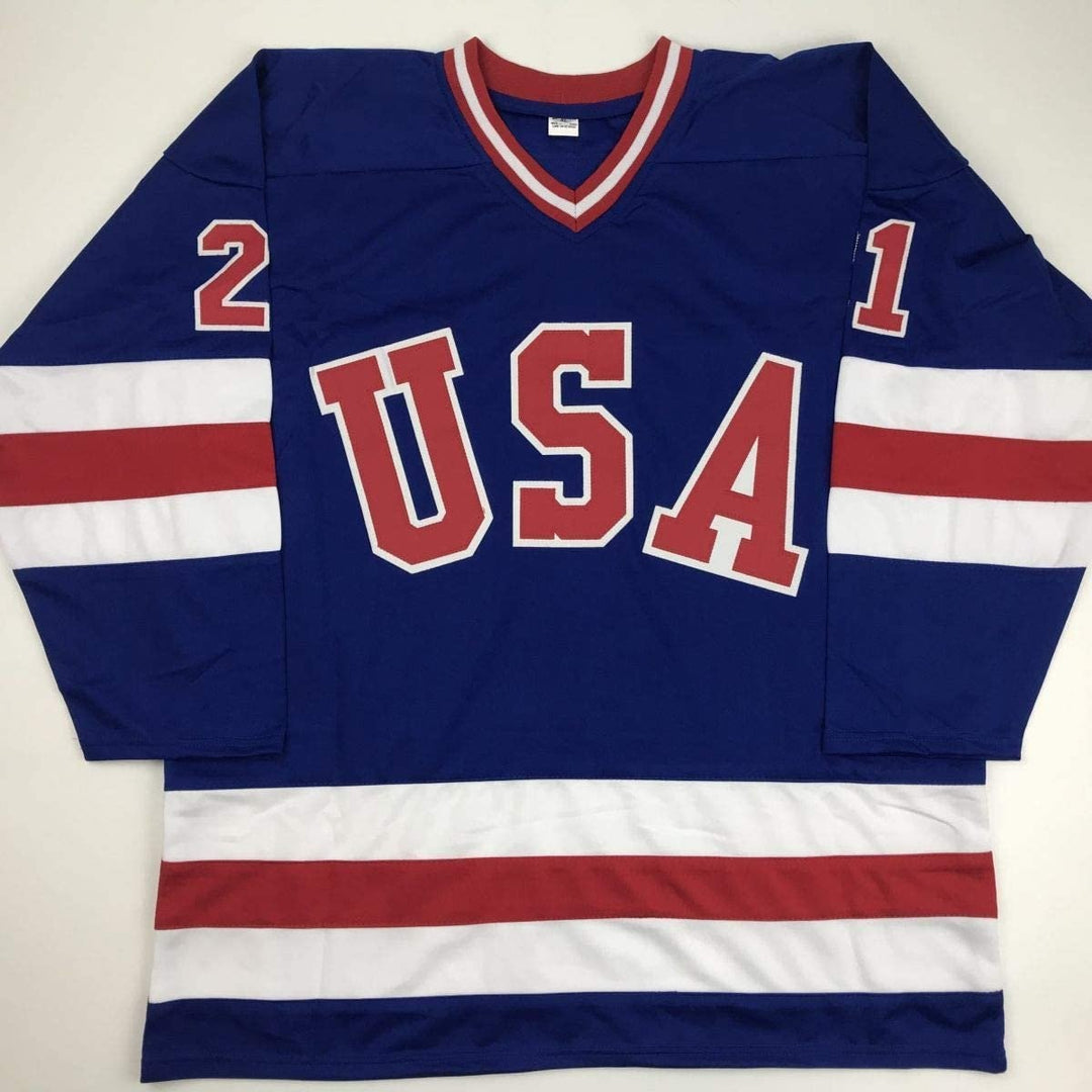 Signed Mike Eruzione Blue Team Miracle On Ice 1980 Jersey JSA COA