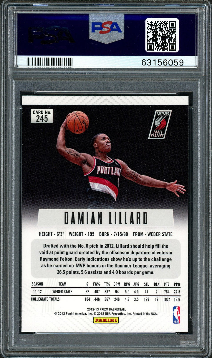 Damian Lillard Signed 2012-13 Panini Prizm RC 245 PSA 10 Sig 9 On Card PSA/DNA