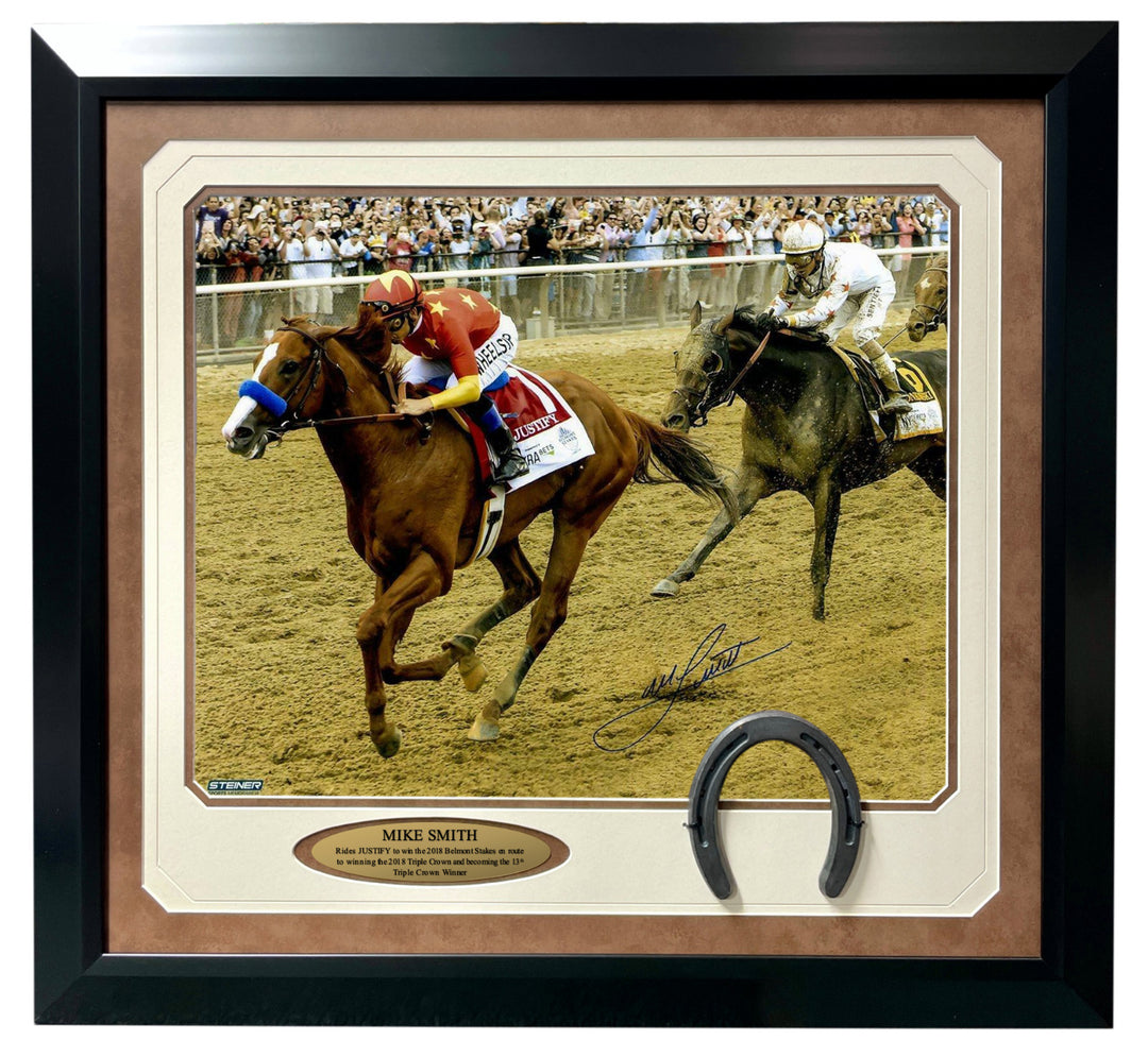 Mike Smith Signed Justify 16x20 Photo Framed Steiner COA Triple Crown Belmont