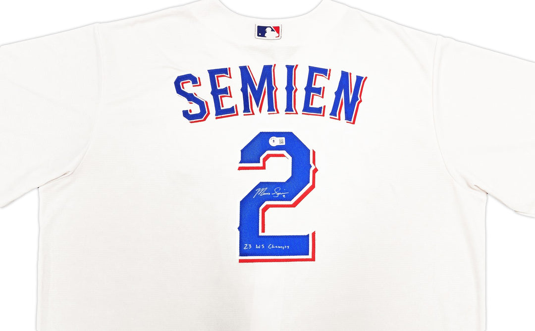 Rangers Marcus Semien Auto White Nike Jersey Size 2XLT 23 WS Champs Beckett Wit