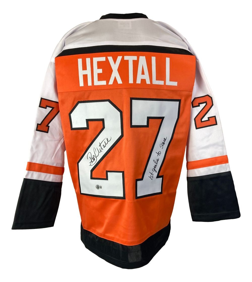 Ron Hextall Philadelphia Signed Orange Hockey Jersey 1st Goalie To Score BAS