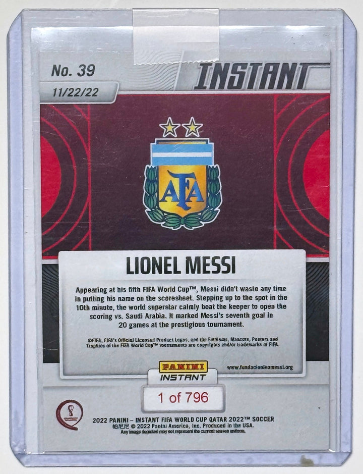 LIONEL MESSI NETS ARGENTINA's 1st GOAL IN QATAR PANINI INSTANT WORLD CUP CARD 39