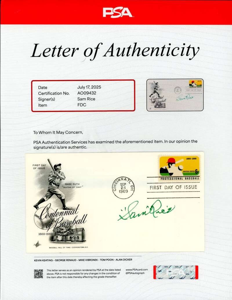 Sam Rice PSA DNA Signed 1969 First Day Cover Cache FDC Autograph