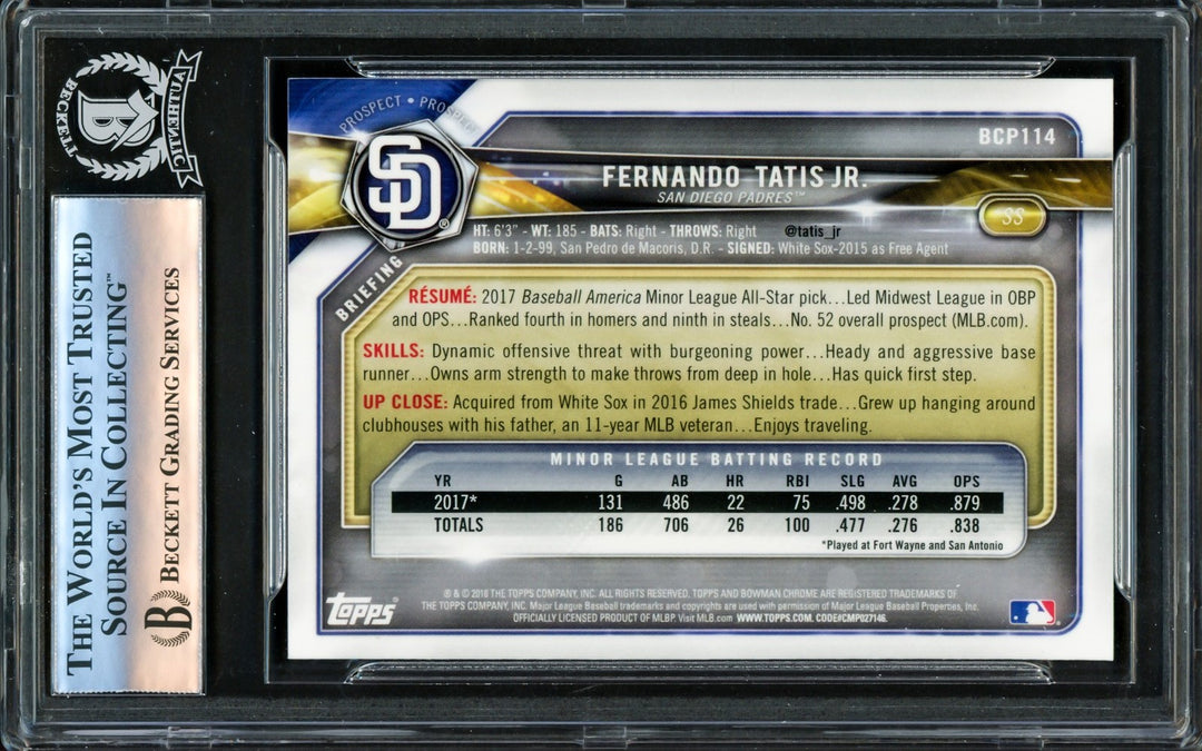 Fernando Tatis Jr. Signed 2018 Bowman Chrome Prospects RC #BCP114 San Diego