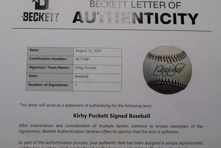 Kirby Puckett Beckett BAS LOA Autographed American League OAL Signed Baseball