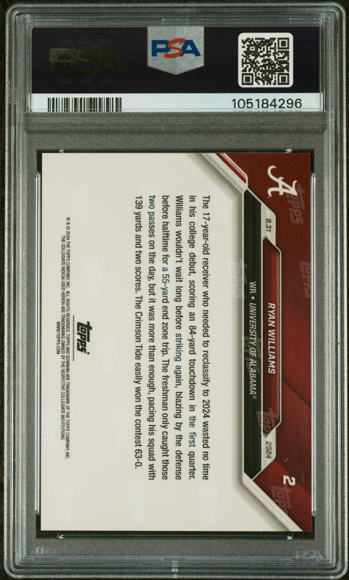Graded 2024 Topps Bowman U Now Ryan Williams #2 Rookie Card PSA 10 Auto