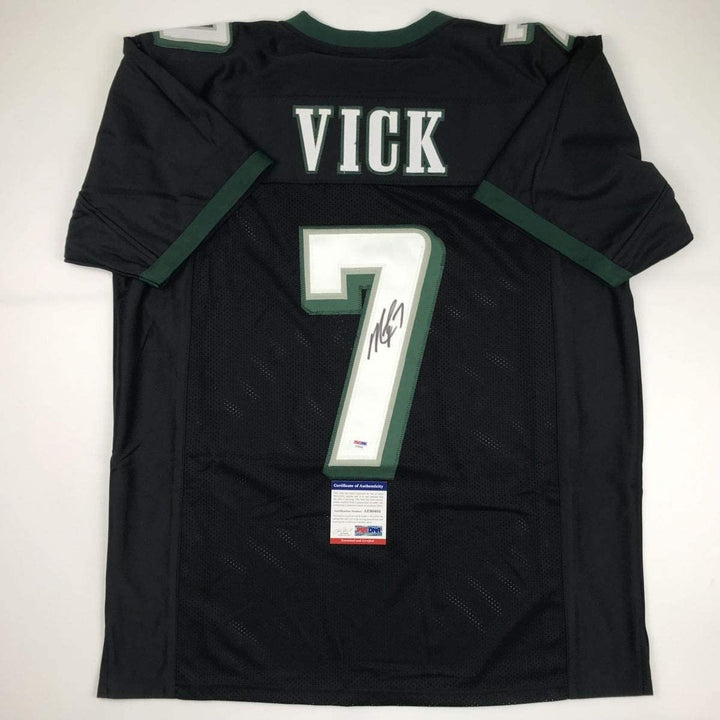 Autographed/Signed MICHAEL MIKE VICK Philadelphia Black Jersey PSA COA