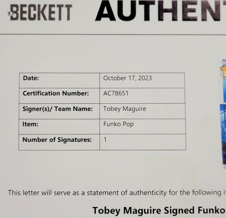 Tobey Maguire signed Spider-Man Make-a-Wish Funko Pop autograph (B) Beckett BAS