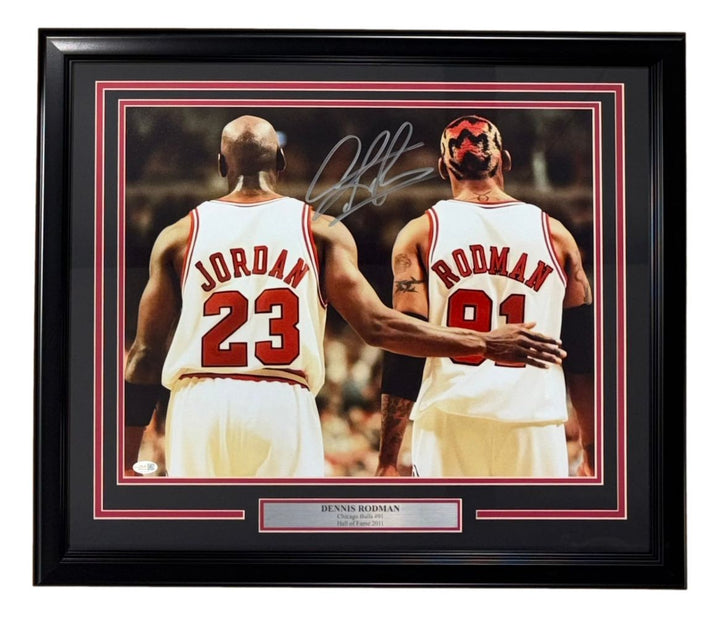 Dennis Rodman Signed Framed 16x20 Chicago Bulls Photo w/ Michael Jordan JSA QR