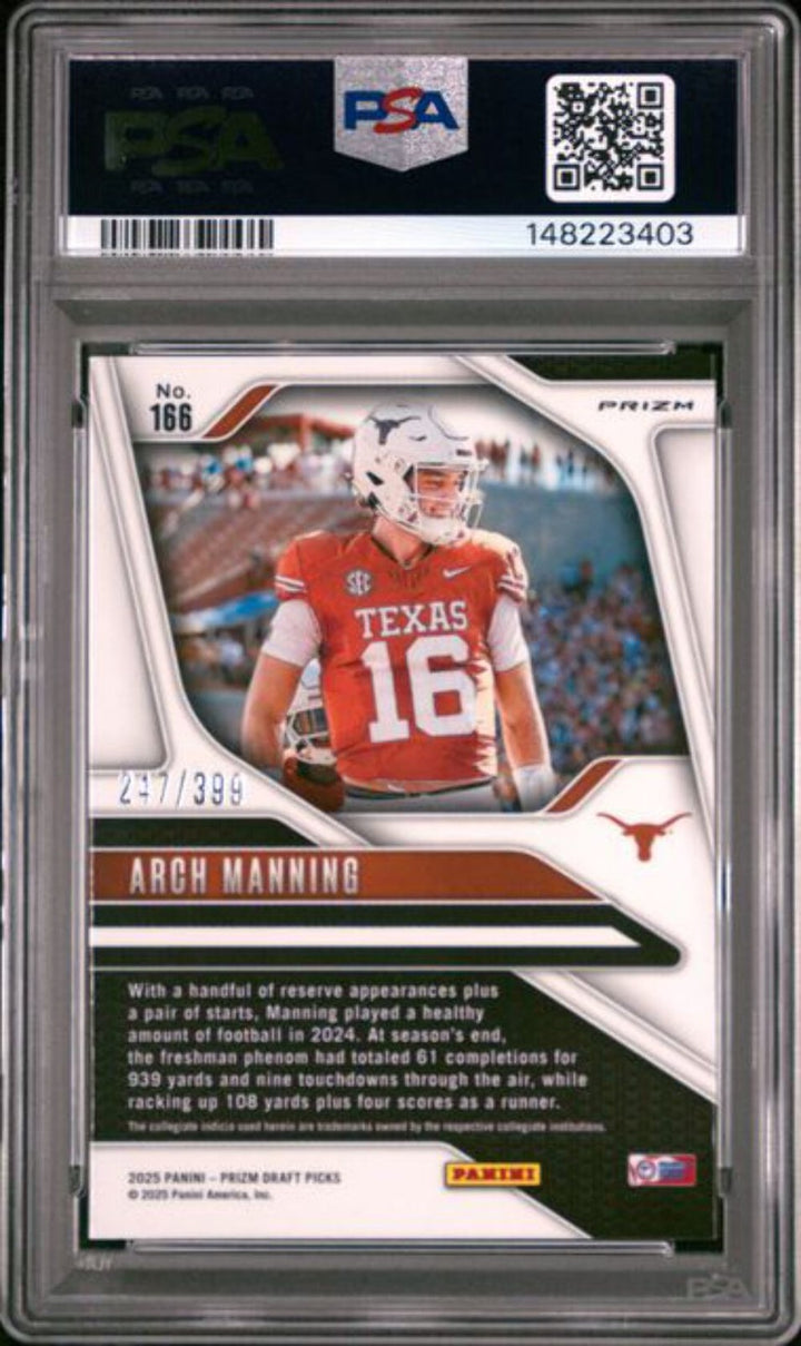 Graded 2025 Panini Prizm DP Arch Manning #166 /399 Red Rated Rookie Card PSA 10