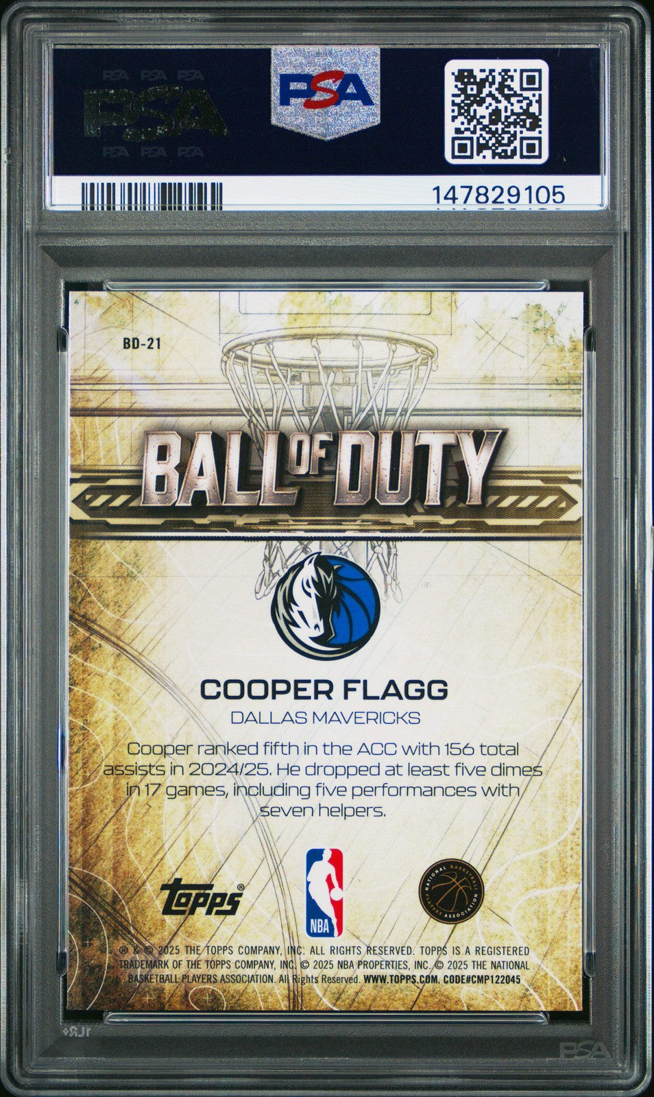 Graded 2025 Topps Chrome Cooper Flagg #BD21 Ball of Duty Basketball Card PSA 10