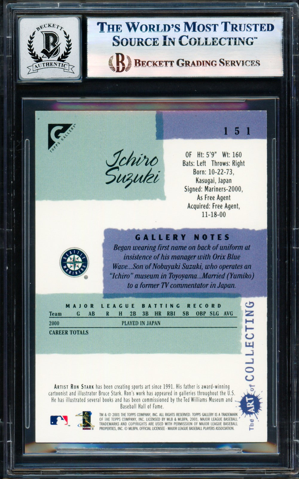 Ichiro Suzuki Auto 2001 Topps Gallery Card 151 Mariners Sig 10 Beckett #17855969