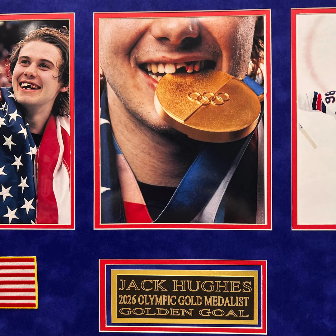 Jack Hughes Custom Framed Display Hockey Photo - Golden Goal