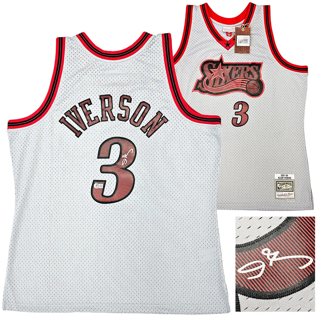 76ers Allen Iverson Auto Grey Auth Mitchell Ness 97 HWC Swingman Jersey XL BAS
