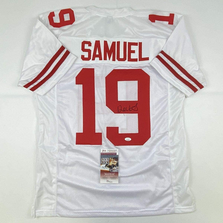 Autographed/Signed DEEBO SAMUEL San Francisco White Football Jersey JSA COA Auto