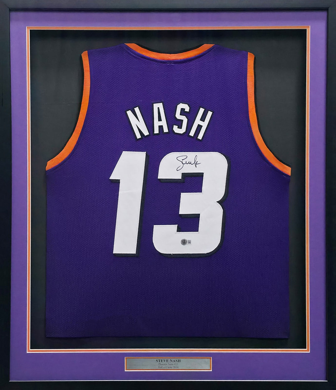 Phoenix Suns Steve Nash Signed Framed Purple Jersey Beckett BAS Witness