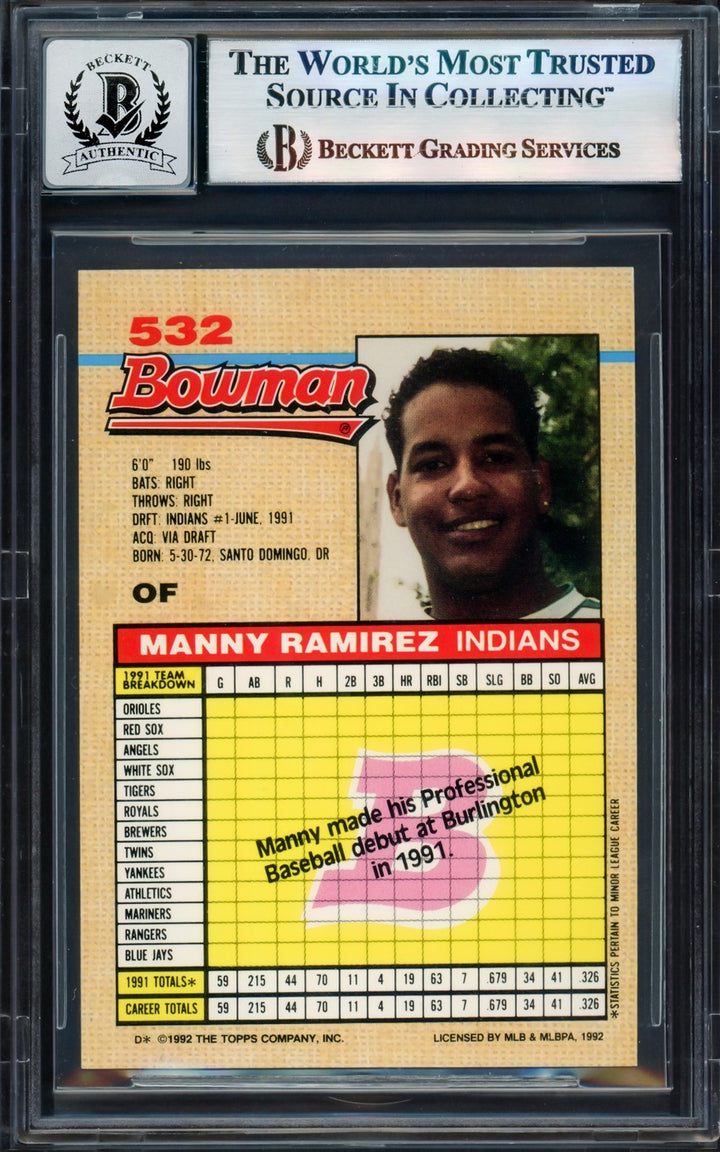 Manny Ramirez Signed 1992 Bowman RC 532 Cleveland Indians Auto GM 10 Beckett