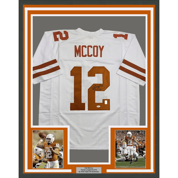 Framed Autographed Colt McCoy 35x39 Texas White College Jersey JSA COA