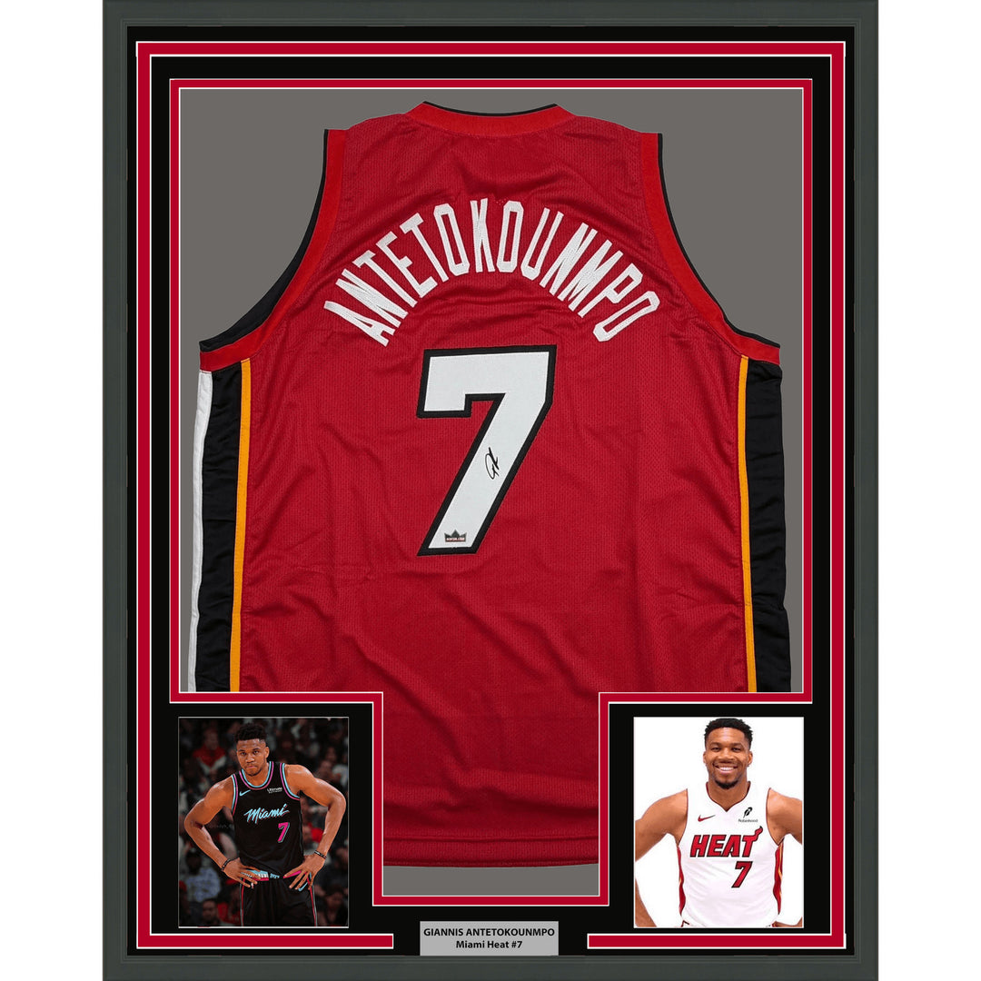 Framed Facsimile Autographed Giannis Antetokounmpo 35x39 Miami Red Jersey