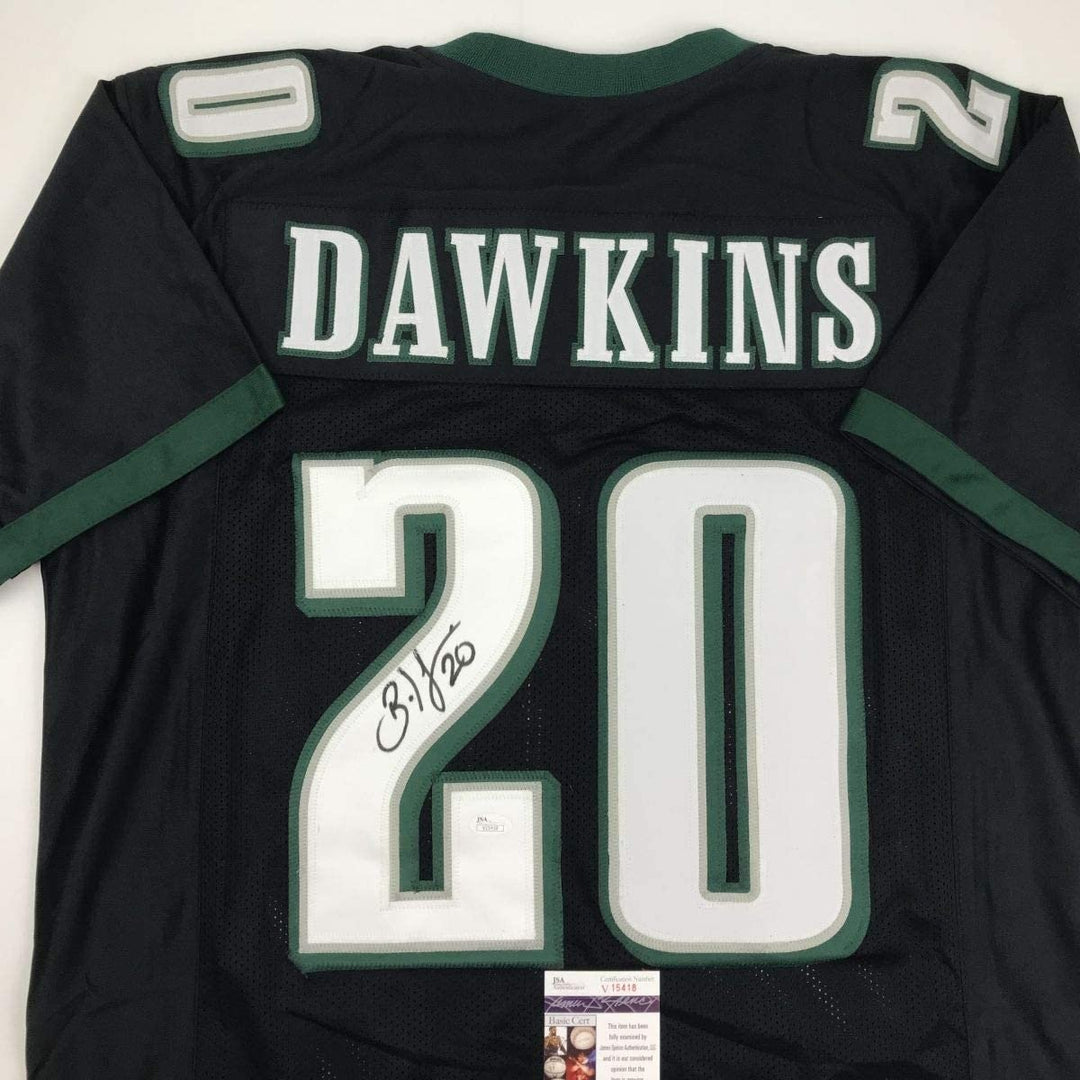 Autographed/Signed BRIAN DAWKINS Philadelphia Black Jersey JSA COA Auto