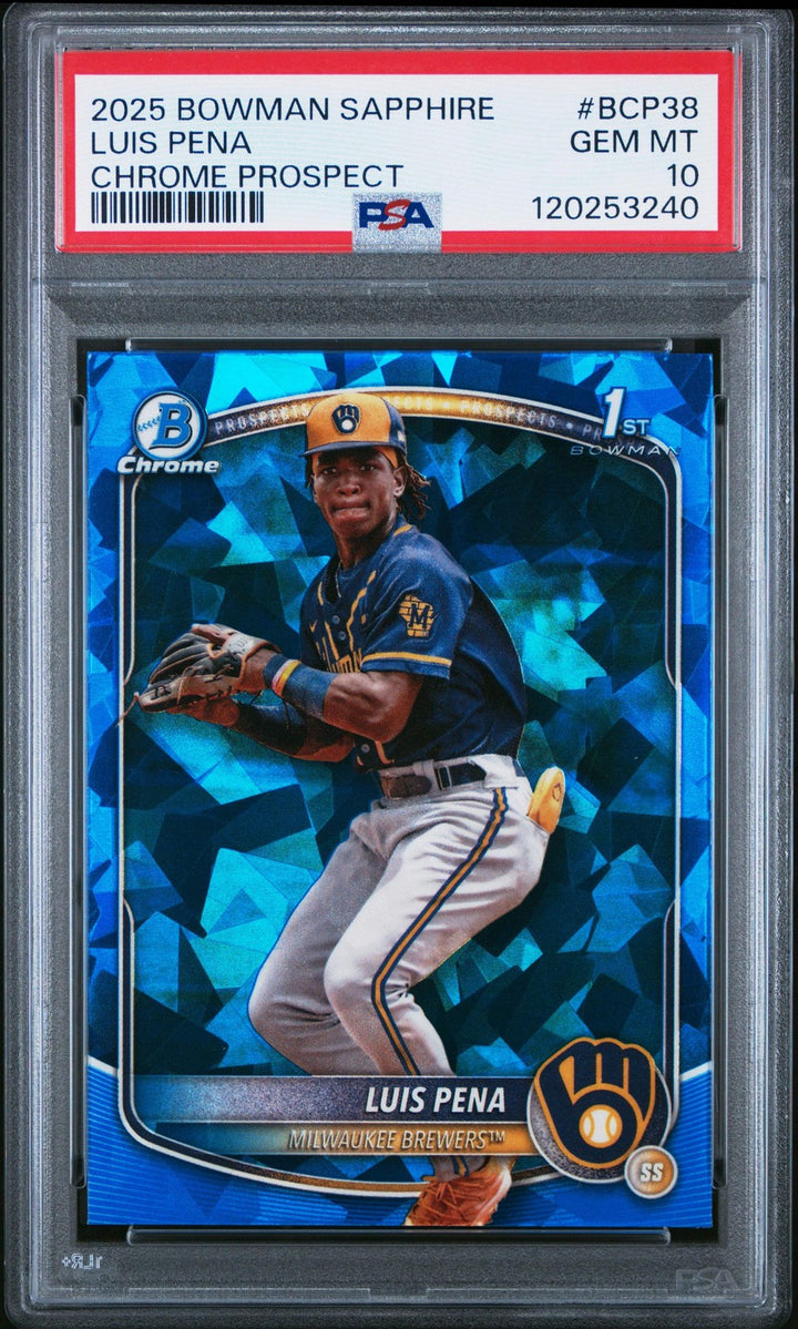 Graded 2025 Bowman Sapphire Luis Pena #BCP38 Chrome RC Baseball Card PSA 10