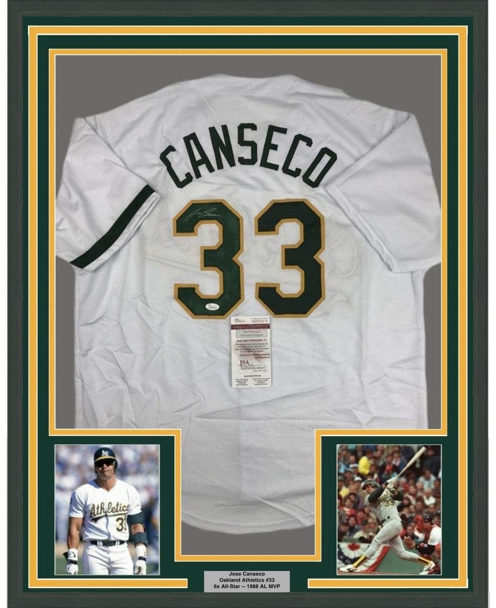 FRAMED Signed JOSE CANSECO 35x39 Oakland White Jersey JSA COA Auto