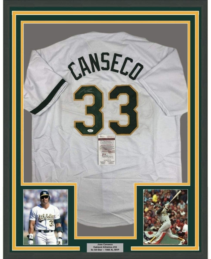 FRAMED Signed JOSE CANSECO 35x39 Oakland White Jersey JSA COA Auto