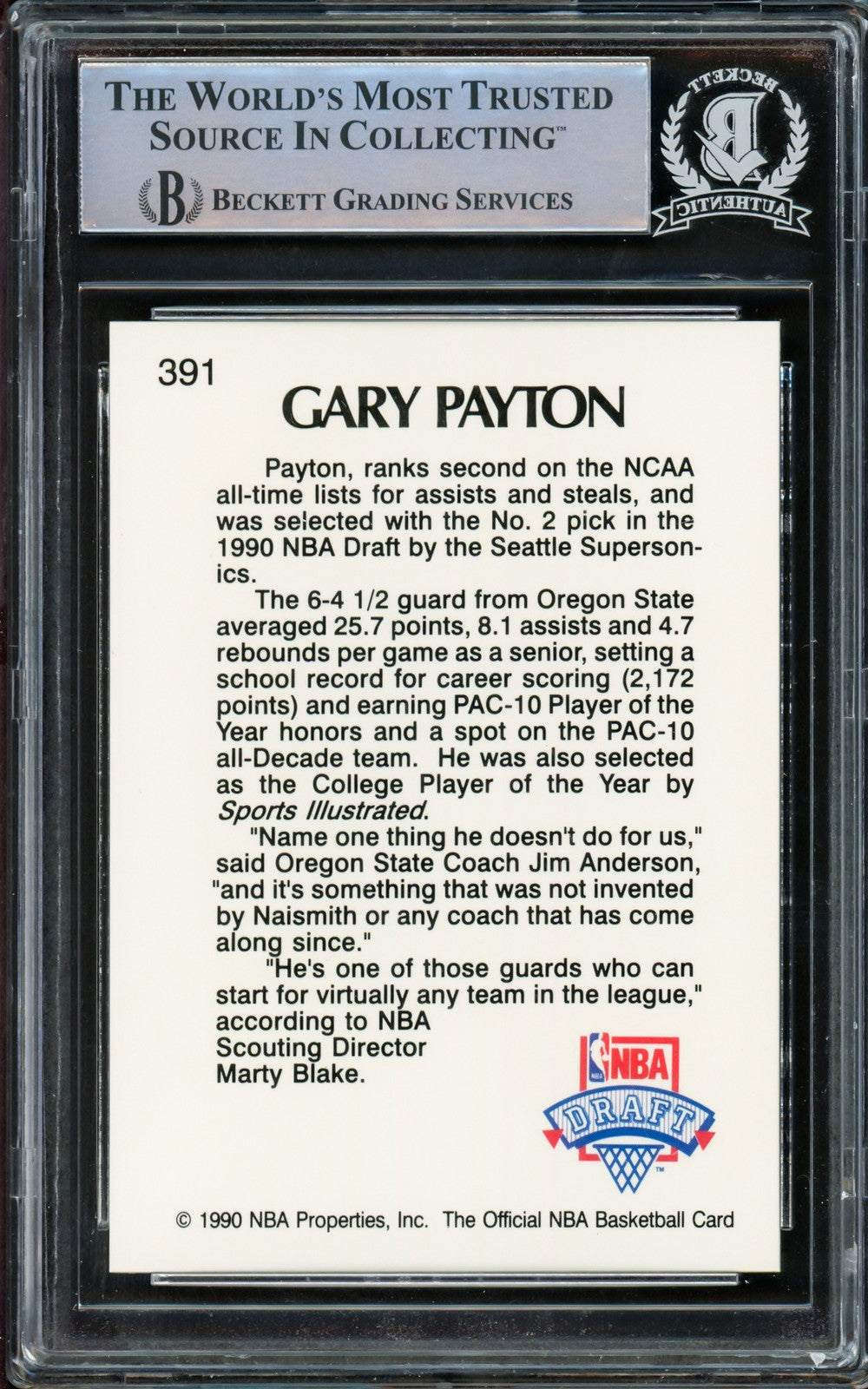 Gary Payton Signed 1990-91 Hoops RC 391 Seattle Supersonics Beckett