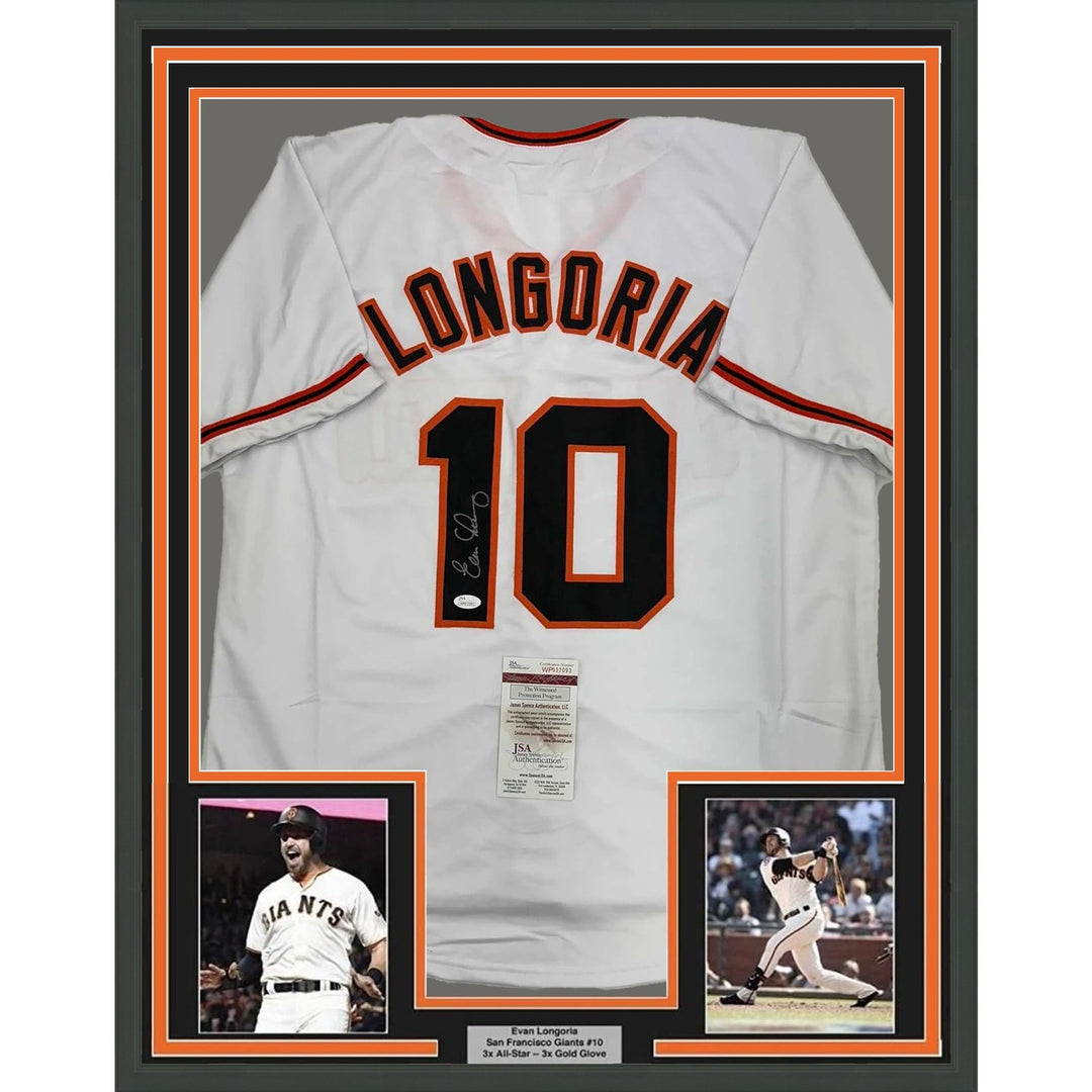 Framed Signed Evan Longoria 35x39 San Francisco White Jersey JSA COA