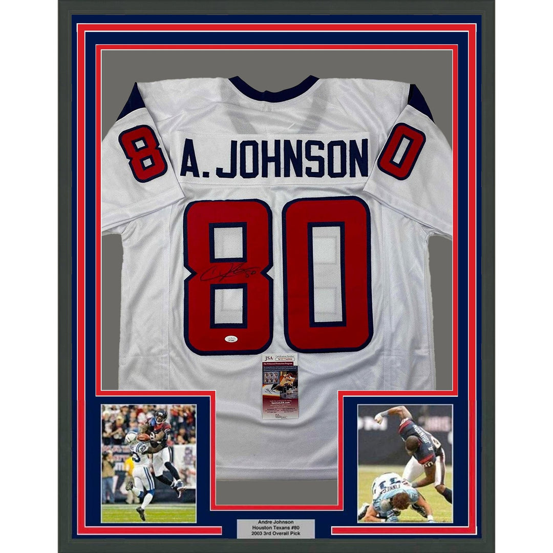 Framed Autographed/Signed Andre Johnson 33x42 Houston White Jersey JSA COA
