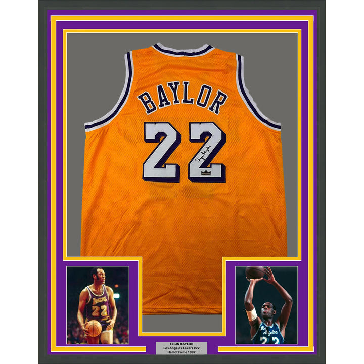 Framed Facsimile Autographed Elgin Baylor 33x42 Yellow Reprint Laser Auto Jersey