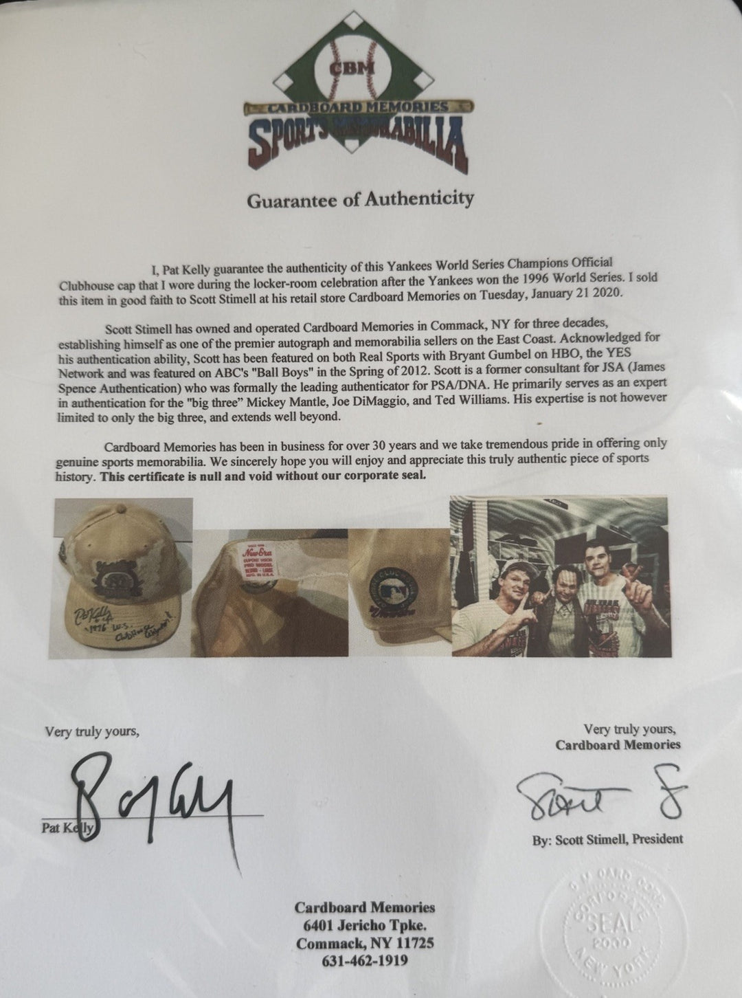 1996 Yankees World Series Game Worn Used Locker Room Celebration Hat Pat Kelly