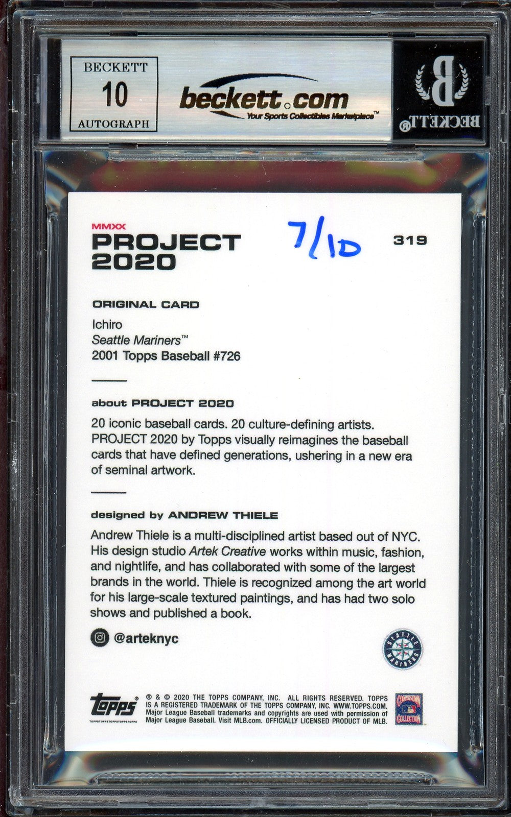 Ichiro Suzuki Auto Topps Project 2020 Andrew Thiele Card 319 Sig 10 /10 BAS