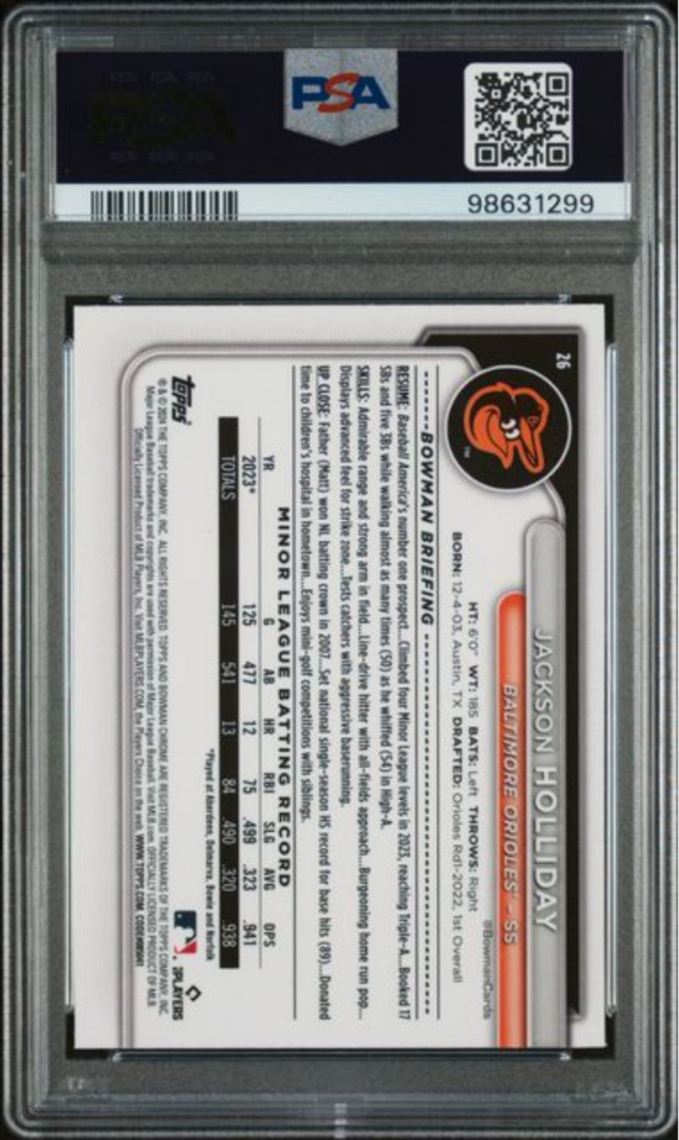 Graded 2024 Topps Bowman Chrome Jackson Holliday #26 Rookie RC Card PSA 10 Mint