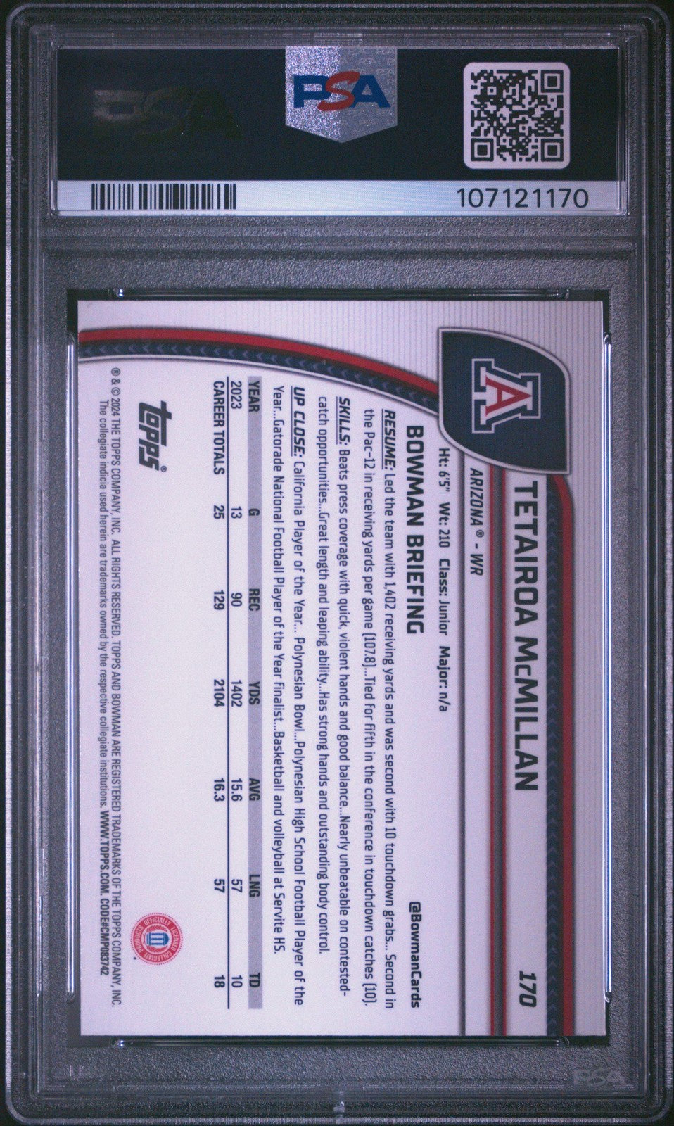 Graded 2024 Bowman U Chrome Tetairoa McMillan #170 Pink Lava Rookie Card PSA 10