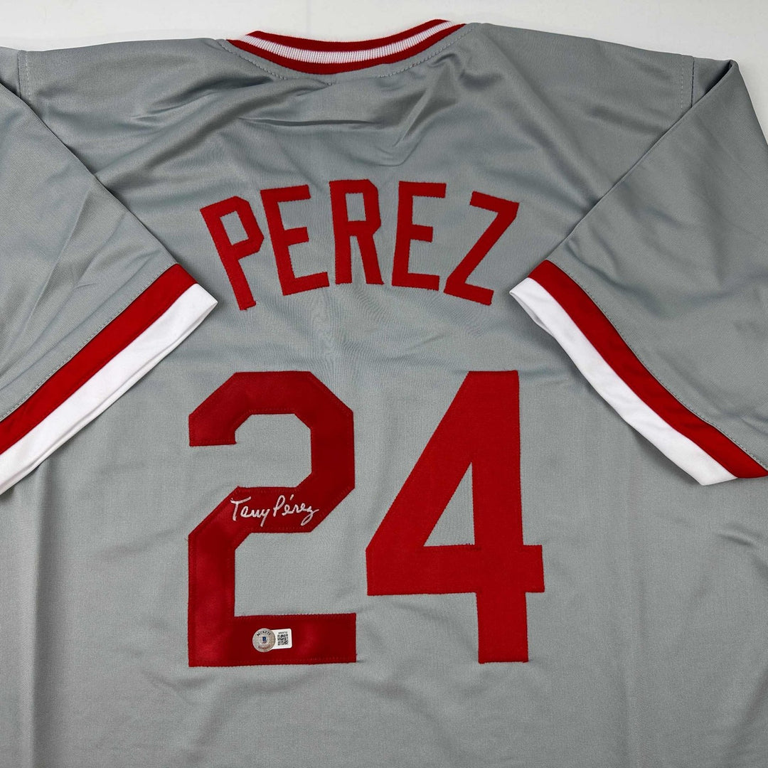 Autographed/Signed Tony Perez Cincinnati Grey Jersey Beckett BAS COA