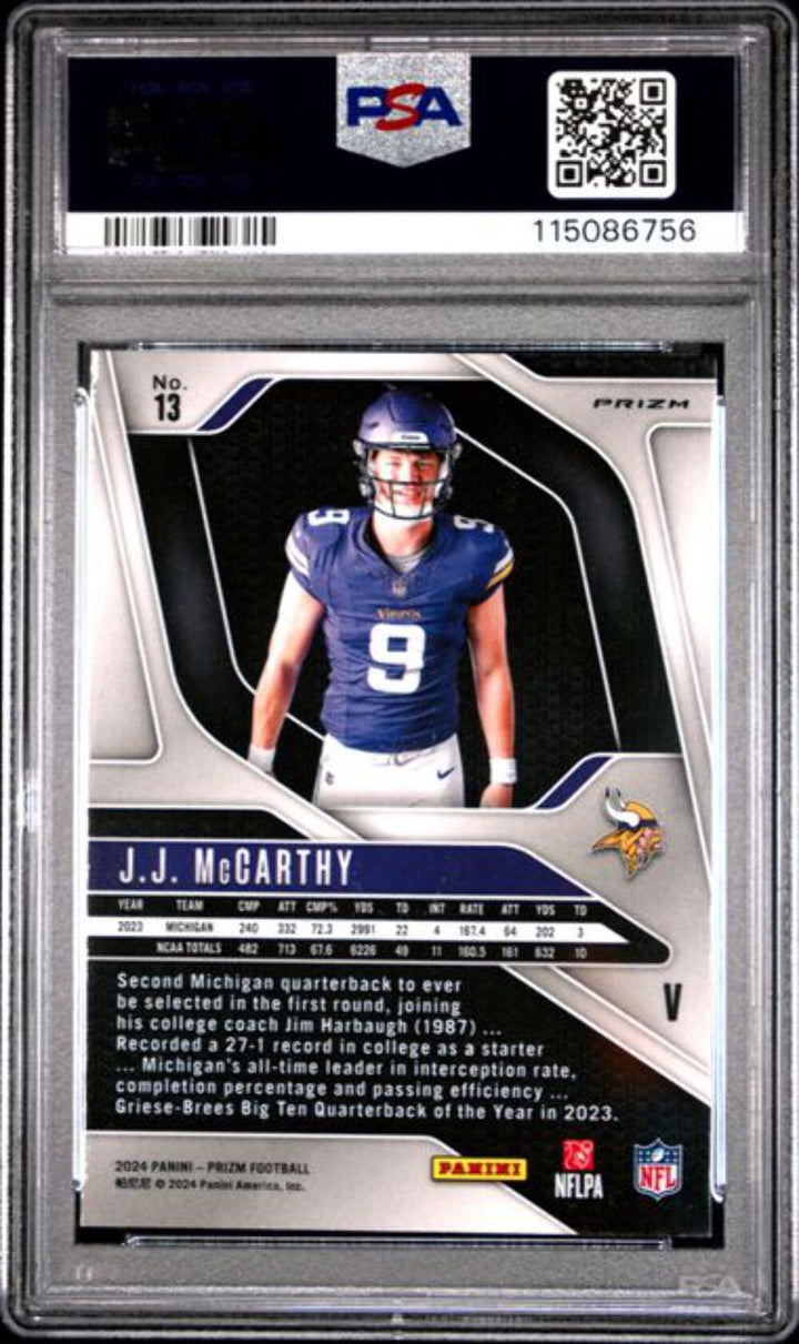 Graded 2024 Panini Prizm Rookie Variation JJ McCarthy #13 Rookie RC Card PSA 10