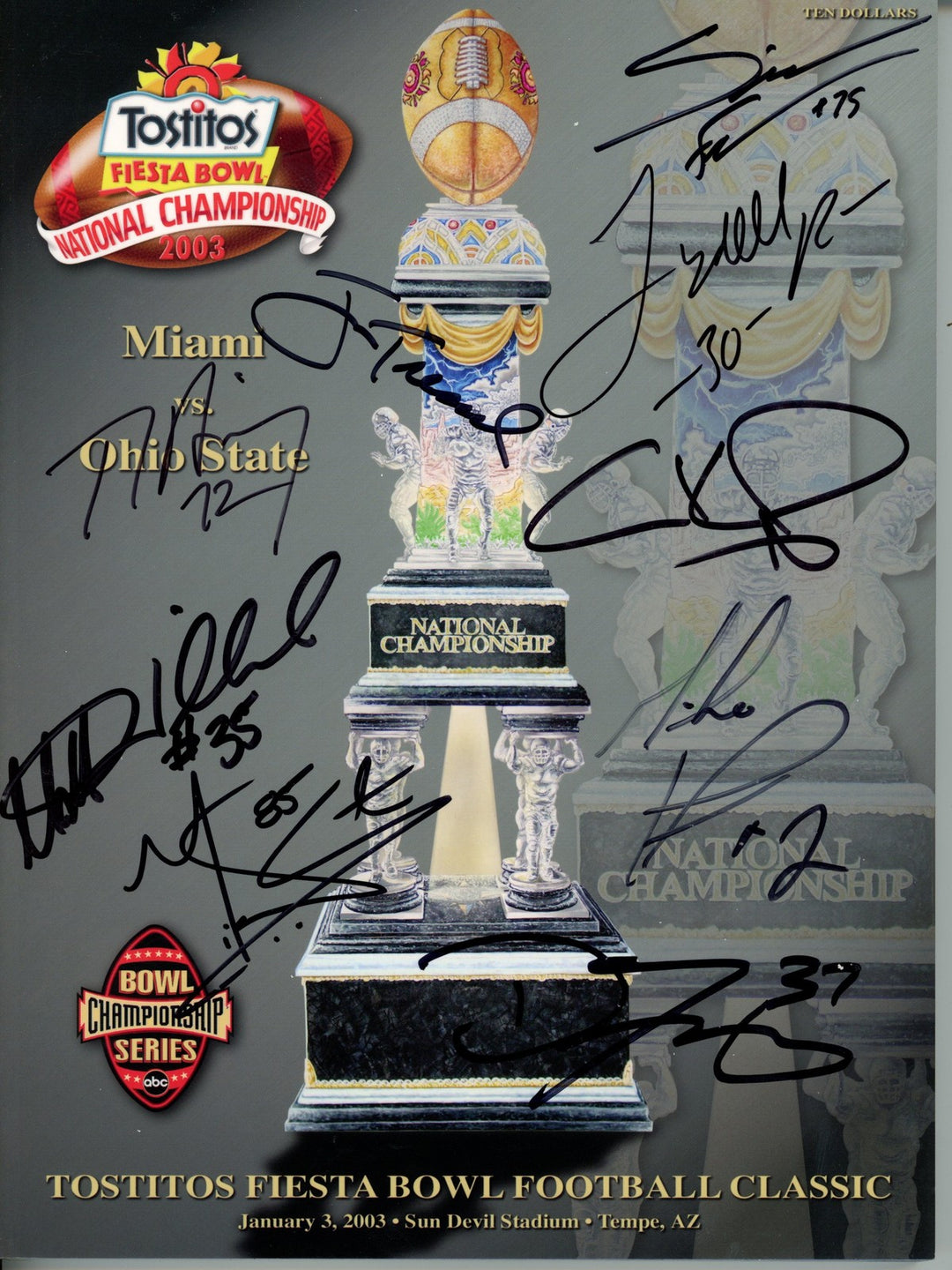 Jim Tressel +8 Signed Ohio State Buckeyes 2003 Fiesta Bowl Magazine JSA 55103