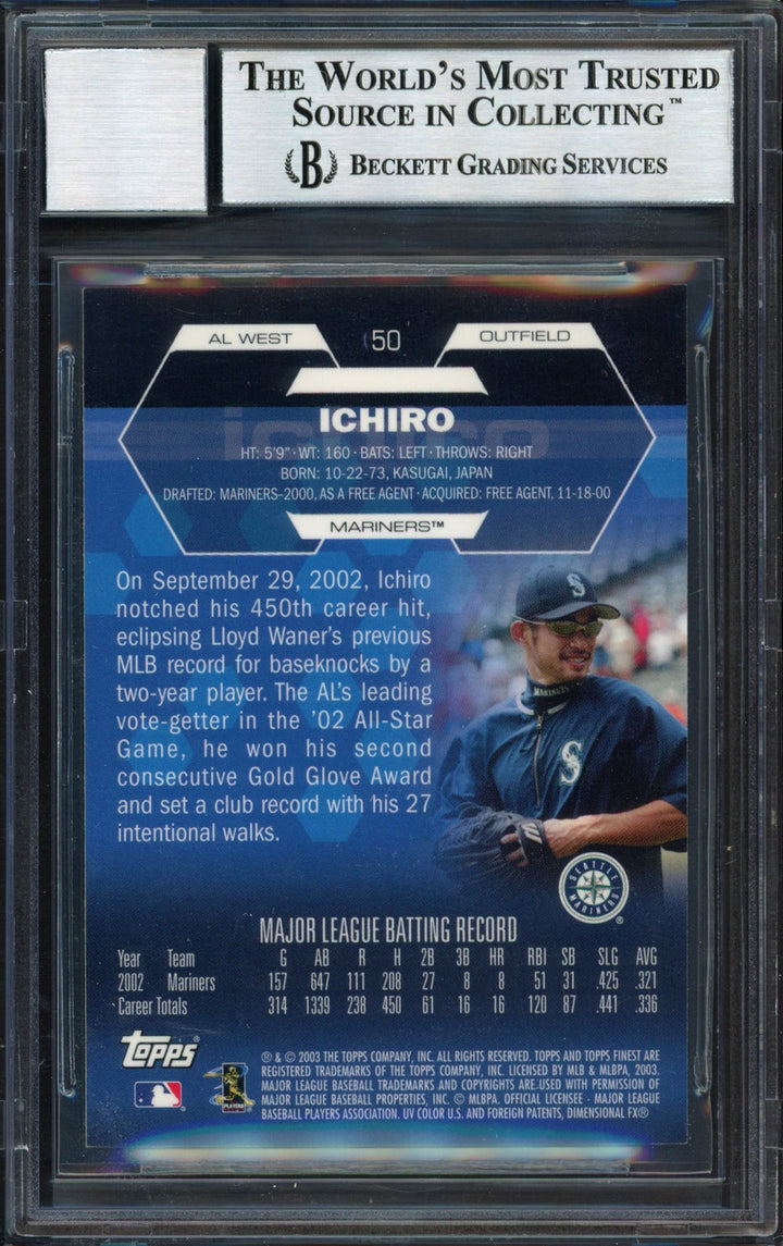 Ichiro Suzuki Auto 2003 Topps Finest Card 50 Mariners Auto 10 Beckett #12491293