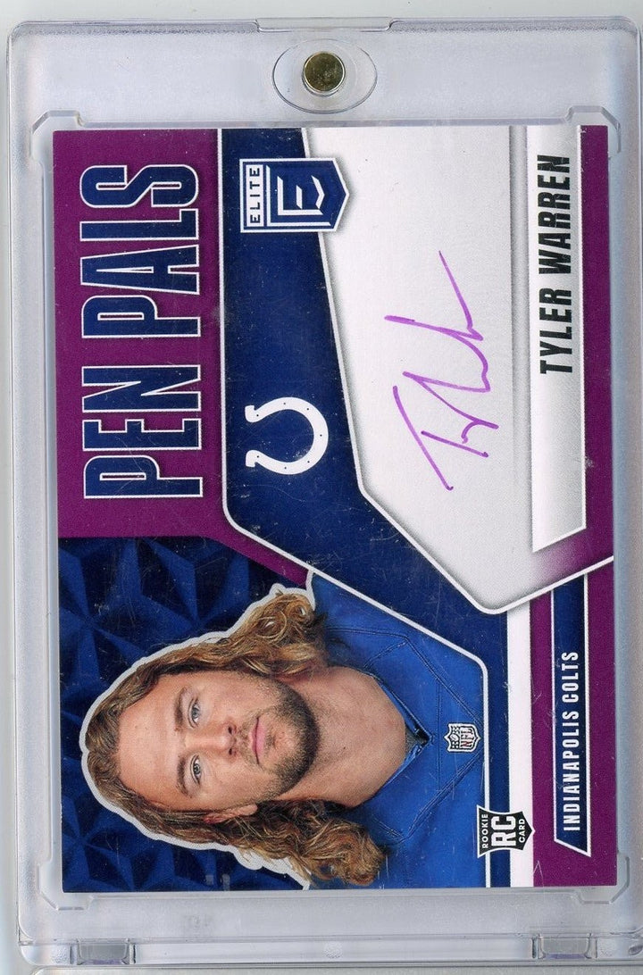 2025 Donruss Elite Pen Pals Purple Tyler Warren #PPTWA Purple Auto RC Card