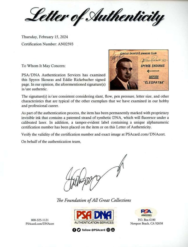 Spyros Skouras Eddie Rickenbacker PSA DNA Signed 1965 Program Cover Autograph
