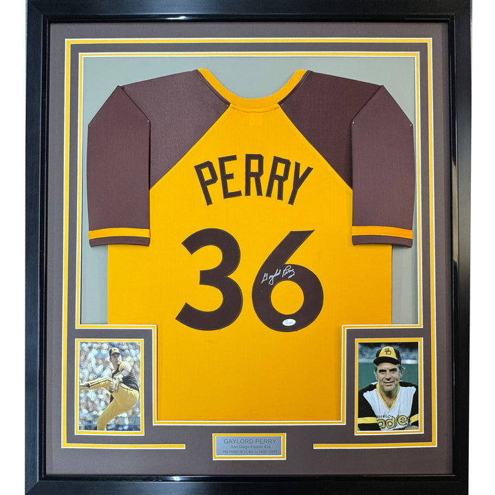 FRAMED Autographed/Signed GAYLORD PERRY 33x42 San Diego Yellow Jersey JSA COA